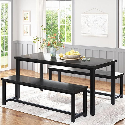 Recaceik 47” Dining Table Set with Benches, 3 Pieces Dining Room Table Set for 4, Wood Kitchen Table and Chair Set with Sturdy Frame, Space Saving Dinette Set for Breakfast Nook, Dining Room, Black