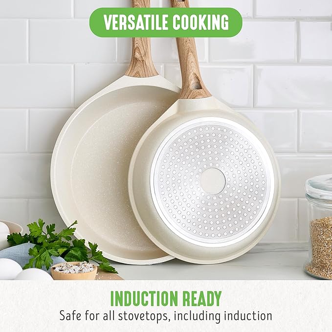 GreenLife Nonstick 2 Piece Frying Pan Set, 9.5" & 11" Skillets Ceramic PFAS-Free Nontoxic, Induction Suitable, Wood Print Handles, Stay-Cool Handles, Deep Cooking Skillets, Egg Pan, Granite Cream