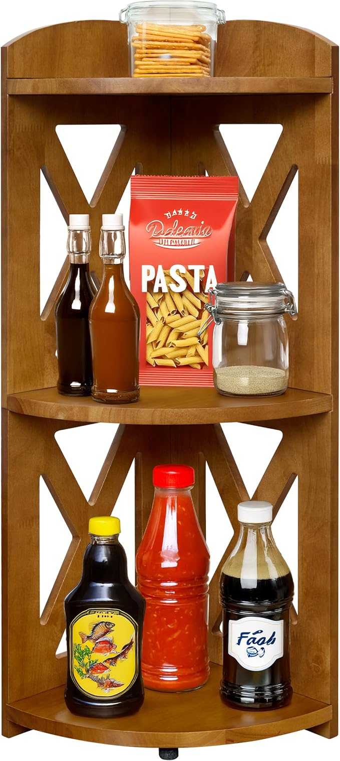 Corner Shelf Stand, Corner Bookshelf, Small Corner Shelves by Natural Wood, Plant Stand, Corner Bookcase for Living Room, Home Office, Bedroom, (Brown, 3 Tier X)