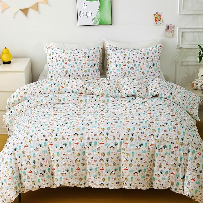 Ivellow Twin Duvet Cover for Kids Cartoon 100% Cotton Kids' Duvet Cover Sets Cottage Farm House Car Patterned Duvet Cover Ultra Soft Breathable Cute Toddler Bedding Set Zipper Closure Boys Girls Teens