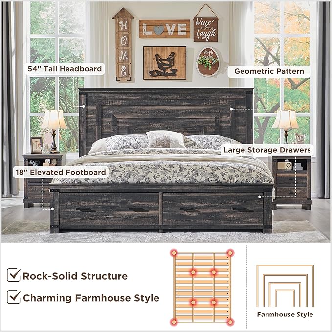 RedLemon Farmhouse King Size Bed Frame w/ 54" Tall Geometric Headboard, Rustic Wood Platform Bed w/ 2 Large Storage Drawers, Wood Slats Support, Noise Free, No Box Spring Needed,Dark Rustic Oak