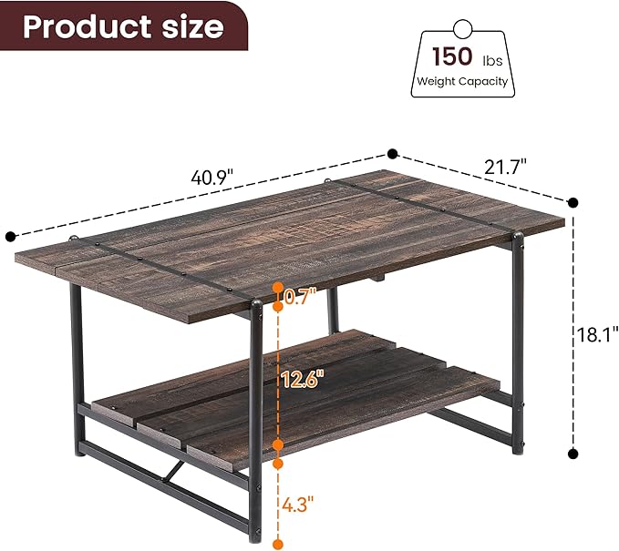 2-Tier Farmhouse 41'' Large Gray Wood Coffee Table with Storage Shelf -Modern Rustic Metal Rectangle Center Living Room Coffee Table Accent Furniture for Home Office,Easy Assembly(Dark Rustic Oak)