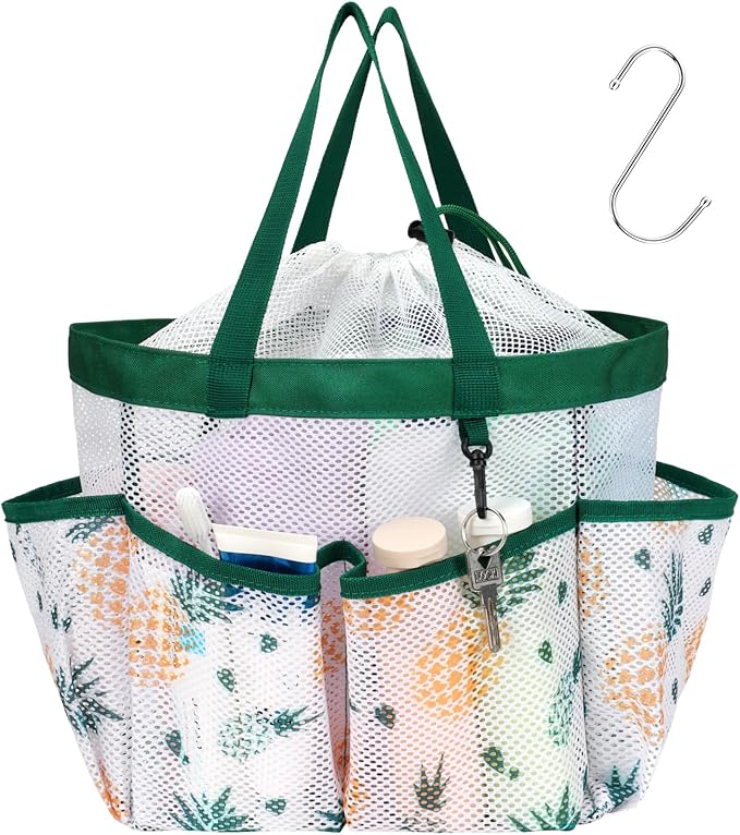 F-color Mesh Shower Caddy Portable with Drawstring - Upgrade Deeper 7 Pockets Dorm Room Essentials for Guys Girls with S Hook, Shower Bag Basket Tote for College Camping Bathroom, Green Pineapple