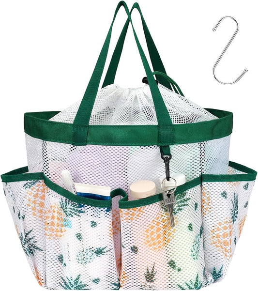 F-color Mesh Shower Caddy Portable with Drawstring - Upgrade Deeper 7 Pockets Dorm Room Essentials for Guys Girls with S Hook, Shower Bag Basket Tote for College Camping Bathroom, Green Pineapple