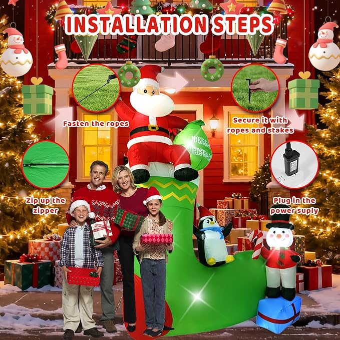 9FT Santa Claus Sitting on a Sock, Built-in LED Lights, Suitable for Christmas Lawn, Garden, Courtyard Outdoor Inflatable Decoration