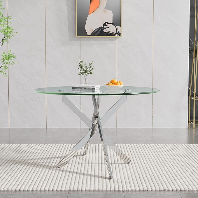 Goujxcy 5 Piece Round Glass Dining Table Set for 4, 47" Round Dining Table & Chair Set Modern Circle Glass Kitchen Table and 4 Velvet Upholstered Chairs for Kitchen Dining (Silver & Pueple Chair)