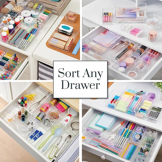 STORi SimpleSort 18-Piece Stackable Clear Drawer Organizer Set | Multi-size Trays | Makeup Vanity Storage Bins and Office Desk Drawer Dividers | Made in USA