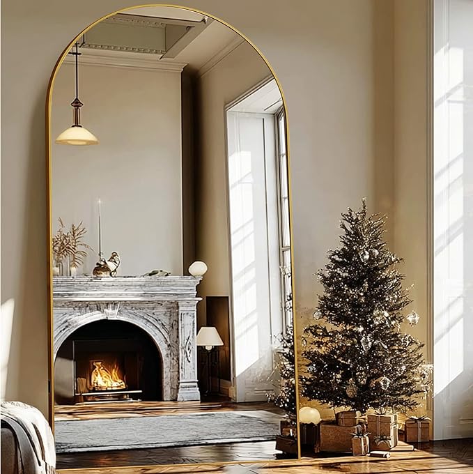 Beauty4U 79" x 39" Large Arched Full Length Mirror with Stand, Metal Frame Gold Wall Mounting Full Body Tempered Mirror for Living Room, Bedroom