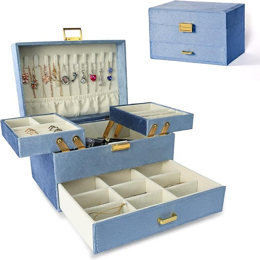 Dajasan Velvet Jewelry Boxes for Women Girls, Jewelry Organizer Box, Jewelry Storage Organizer for Rings Necklaces Bracelets Watch Earring (Blue)