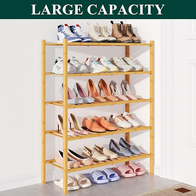 Smiry Bamboo Shoe Rack for Closet, 5 Tier Wooden Stackable Shoe Organizer, Free Standing Shoes Storage Shelf for Entryway, Front Door Entrance, Natural