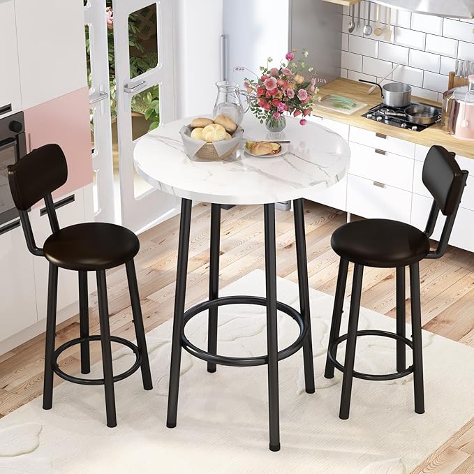 Dining Table Set, 23.6" Round Faux Marble Table with 2 PU Upholstered Backrest Chairs, 3-Piece Kitchen Dining Room Set for Small Spaces, Kitchen, Restaurant Furniture, White