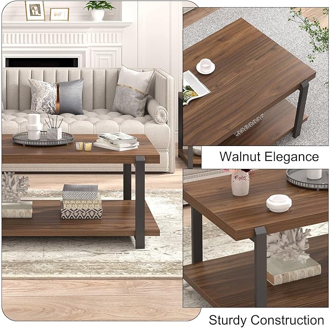 FOLUBAN Modern Coffee Table with Storage Shelf, Rustic Wood Center Table for Living Room, Walnut
