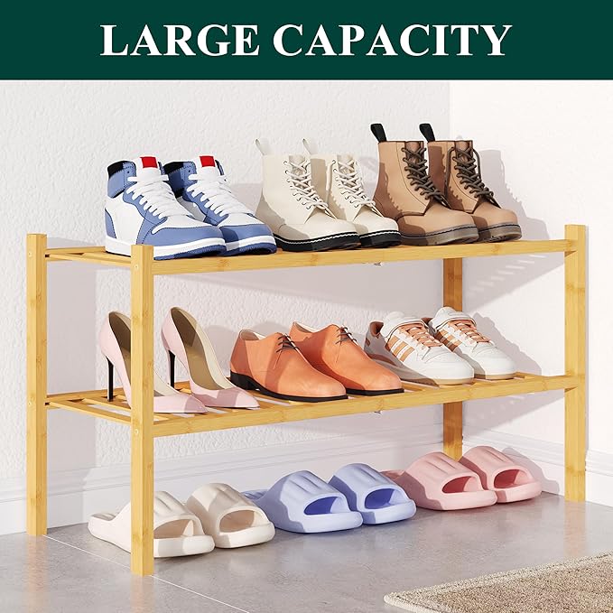 Smiry Bamboo Shoe Rack for Closet, 2 Tier Wooden Stackable Shoe Organizer, Free Standing Shoes Storage Shelf for Entryway, Front Door Entrance, Natural