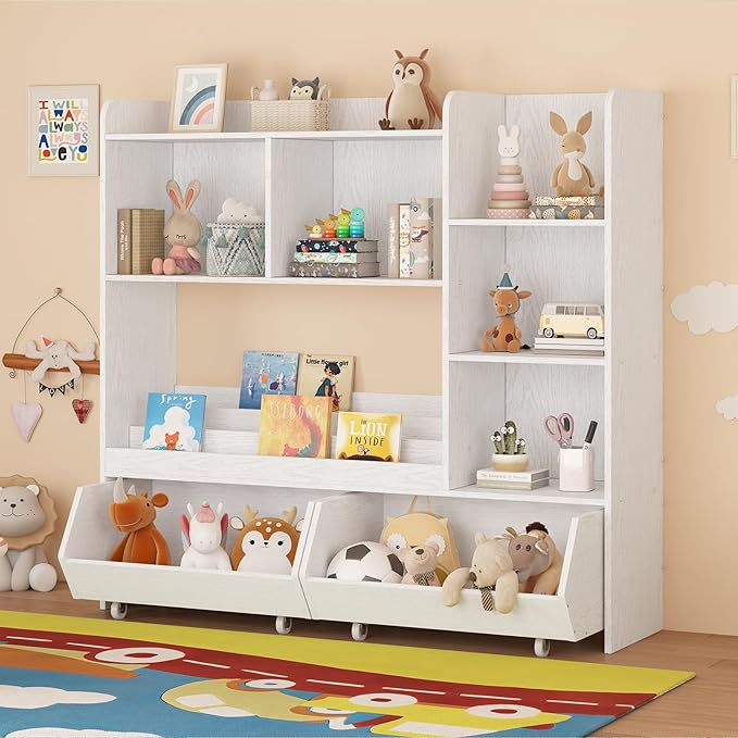 Bookshelf and Toy Storage Organizer, Toy Storage Cabinet for Boys and Girls, Muti-Functional Kids Display Bookcase and Storage Bin with Moveable Drawers, Children Toddler Kids Room