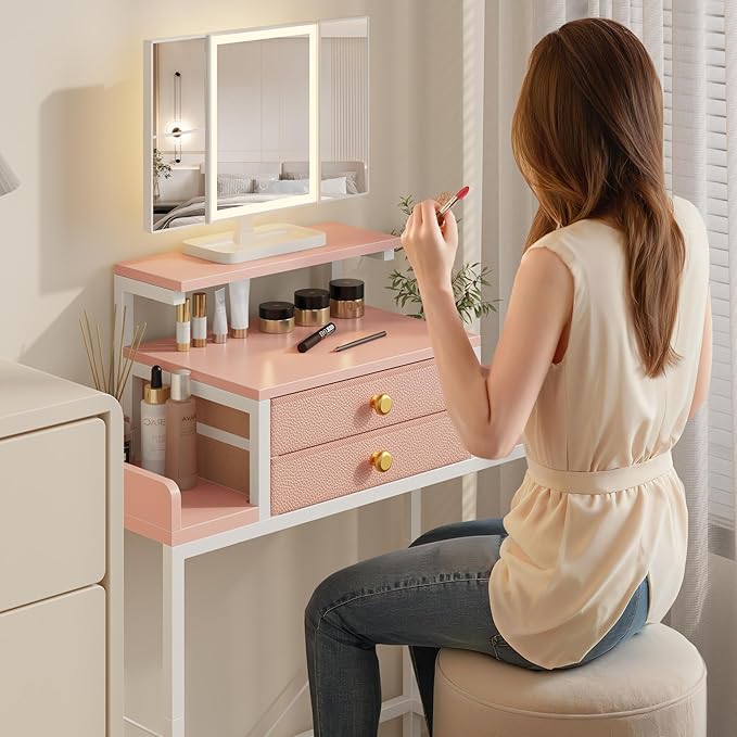 Vanity Desk with Mirror and Lights, 28.4''W Small Makeup Vanity Table with Height-Adjustable Stand, 2 Fabric Drawers Compact Makeup Desk, Gift for Girls, Bedroom Small Space, Pink