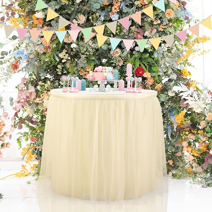 Suppromo Ivory Tulle Table Skirts for Wedding 14ft Tutu Table Skirt Ivory Table Cloth for Bridal Shower Birthday Party Baby Shower Gender Reveal Banquet Decorations