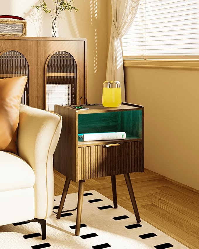 Nightstand, Modern Bedside Table with Charging Station and LED Lights, Night Stand with Storage Drawer and Solid Wood Legs