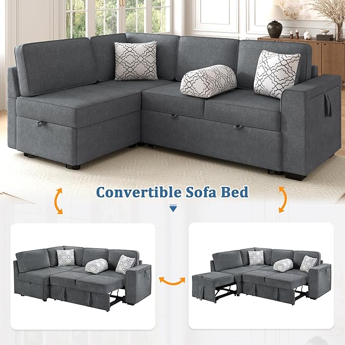 Ball & Cast Convertible Sleeper Sofa Bed,Chenille L Shaped Pull Out Couch Bed with Flip-Top Table, USB Ports & Hidden Cup Holders, Corner Sectional Sofa Couches for Living Room,Dark Grey