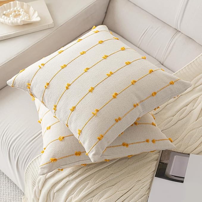 Boho Throw Pillow Covers 26x26 Set of 2 Modern Farmhouse Decorative Cushion Case Tufted Square Pillows Cover Neutral Pillow Cases Accent Pillowcase for Sofa,Couch,Bed,Beige and Yellow
