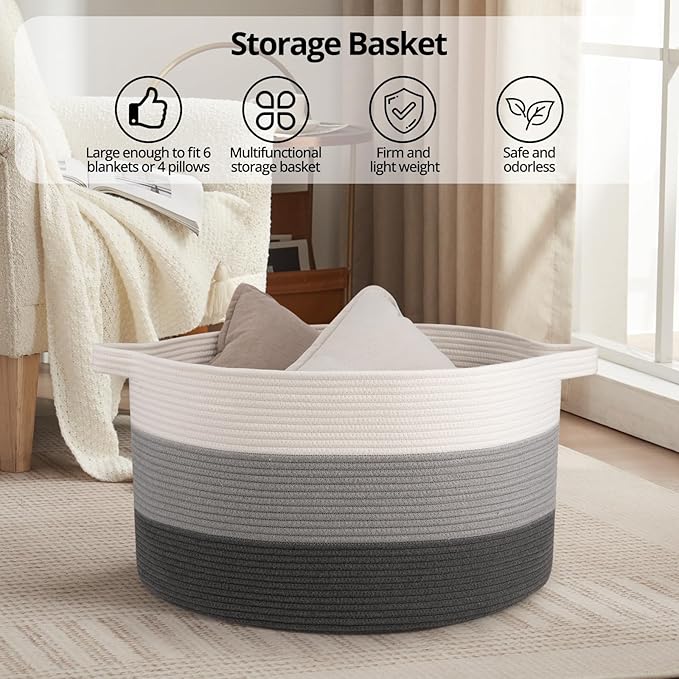 OIAHOMY Extra Large Storage Basket, 23" x 13" Woven Blanket Storage for Living Room, Round Laundry Basket for Pillow-Gardient Dark Grey