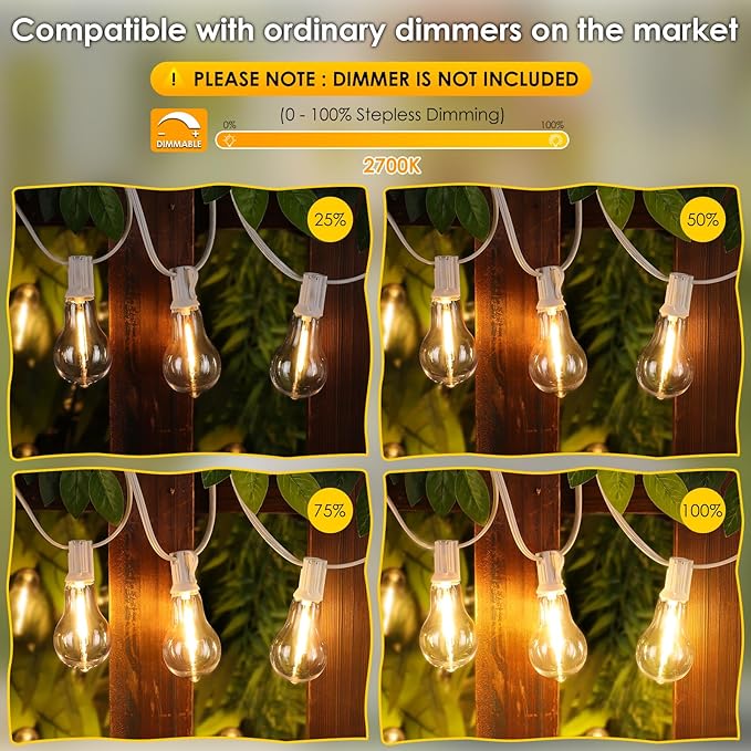 200FT(2x100FT) Outdoor String Lights, LED Patio Lights with 83 Waterproof Shatterproof A39 Dimmable Bulbs(3 Spare) for Deck Yard-2 Pack White