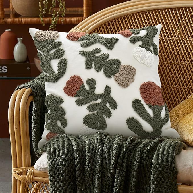 Boho Pillow Covers 18X18 Inch Boho Tufted Throw Pillow Covers Decorative Tassels Cushion Cover Farmhouse Pillow Case for Couch Sofa Bed Living Room Bedroom, Rust Floral