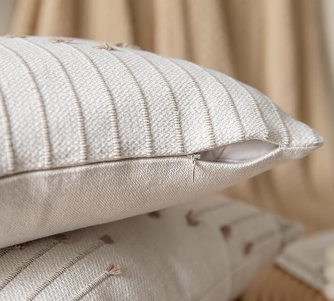 Boho Throw Pillow Covers 20x20 Set of 2 Decorative Pillows for Bed, Neutral Pillow Covers Beige with Tan Line Throw Pillows for Modern Farmhouse Couch Sofa Living Room Outdoor
