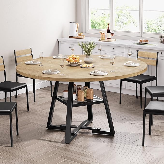 51'' Round Dining Table for 6,Kitchen Dining Room Circle Dinner Pedestal Table,Space Saving Wood Kitchen & Dining Room Furniture (Natual Wood, 51In)