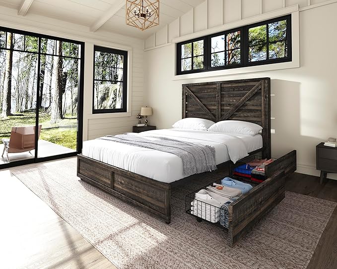 AMERLIFE Full Size Farmhouse Bed Frame with 4 Drawers, Wooden Storage Bed Frame with Headboard and Heavy Duty Metal Slats, Noisy Free, Easy Assemble, Rustic Black