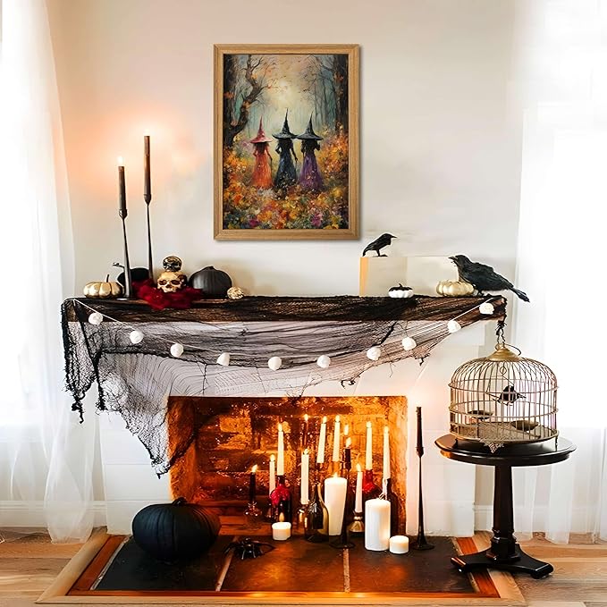 Framed Vintage Halloween Witch Wall Art – Halloween 3D Texture Witches Pictures Fall Decor for Living Room, Mysterious Forest Witchy Sandstone Aesthetic Art Prints for Bedroom Kids Room – 16x24in