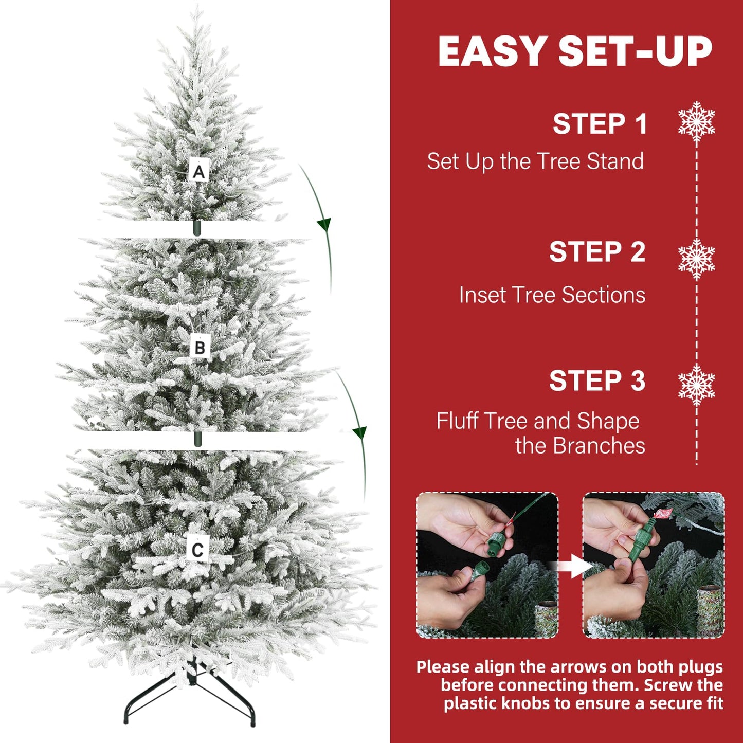 Hykolity 7.5 ft Prelit Snow Flocked Christmas Tree, 2933 PE&PVC Realistic Branch Tips, Artificial Twinkling Christmas Tree with 450 Warm White LED Lights, Metal Stand and Hinged Branches