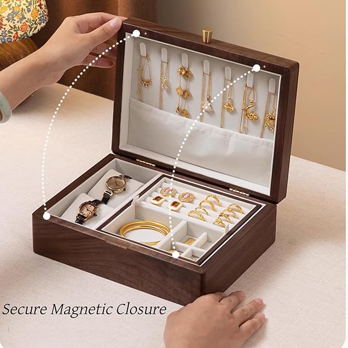 Bescott 2 Layer Solid Black Walnut Wooden Jewelry Box for Women Wood Vintage Organizer for Men Earrings Rings Necklaces Bracelet Watch Storage Mother's Day Gift