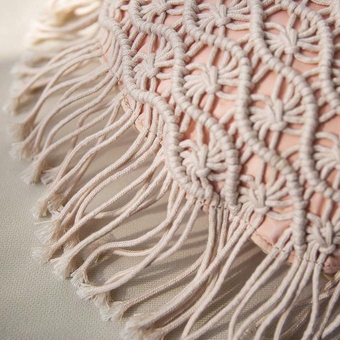 Phantoscope 100% Cotton Handmade Crochet Woven Boho Throw Pillow with Tassel Cute Farmhouse Pillow Insert Included Lumbar Small Decorative Cushion for Couch Sofa, Pink,16 inches Round