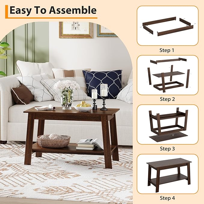 Coffee Table for Living Room, 2 Tier Coffee Table with Storage, Small Rectangular Center Tables with Shelf, Space Saving, Easy Assembly, Light Walnut