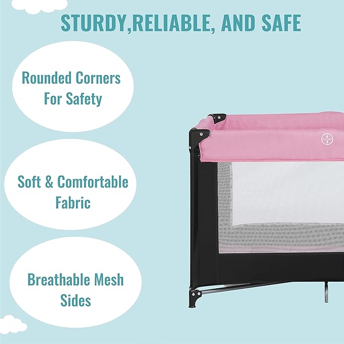 Dream On Me Zazzy Portable Playard with Bassinet in Pink, Packable and Easy Setup Baby Playard, Lightweight and Portable Playard for Baby with Mattress and Travel Bag
