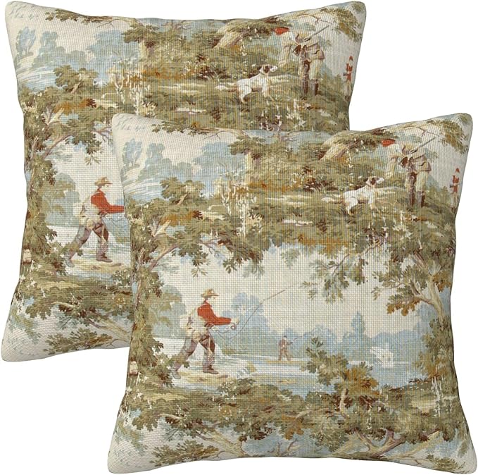 Farmhouse Rustic Vintage Throw Pillow Covers 18x18 Inch Set of 2 Country Home Decor Retro Pillow Case Fishing and Hunting Pattern Cushion Cover of Indoor Outdoor Sofa Bed Living Room