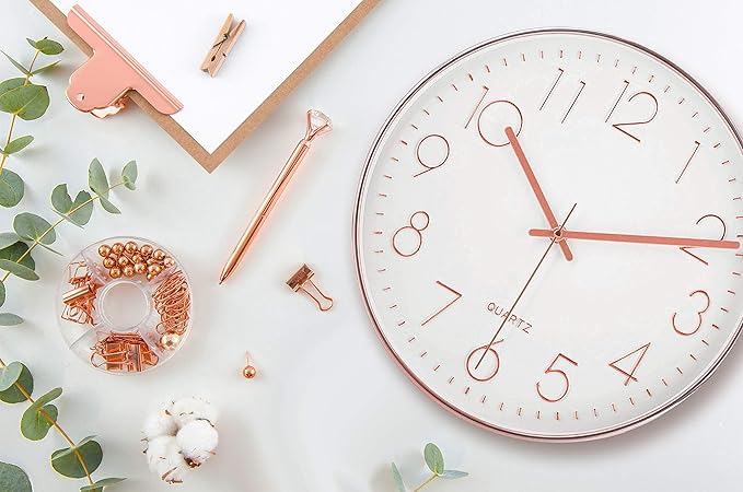 Bernhard Products Rose Gold Wall Clock 12 Inch Silent Non-Ticking Quality Quartz Battery Operated Easy to Read Decorative Modern Design for Home/Office/Kitchen/Bedroom/Living Room (Rose Gold)