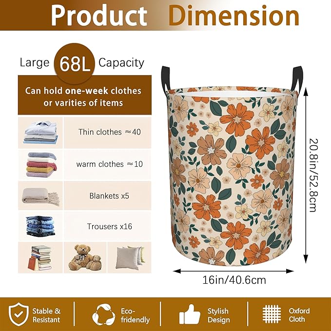 Laundry Hamper,70s Retro Floral Flowers Laundry Basket,Waterproof Foldable Storage Bin for Bedroom,Clothes Organizer Basket,Toys Box 16x20 Inch