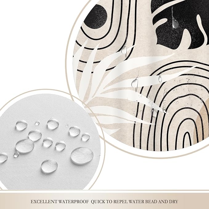 Glawry Boho Black Brown Beige Shower Curtain Modern Mid Century Abstract Tropical Palm Leaf Bathroom Minimalist Geometric Arch 72Wx72L Inches Bath Accessories Art Home Decor Fabric 12 Pack Hooks