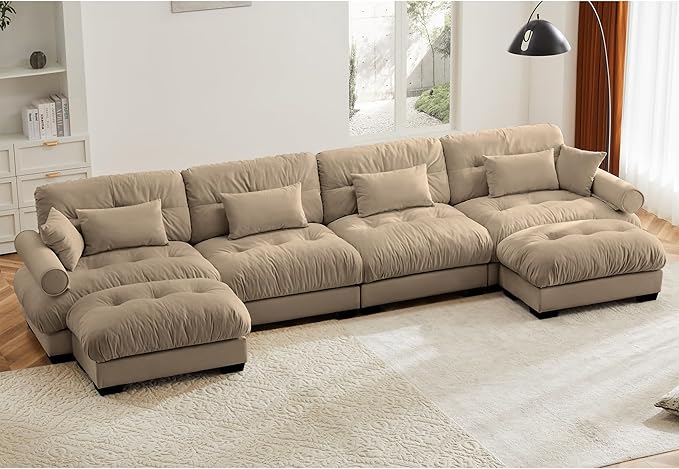 Ball & Cast 166" U Shaped Couch Sectional Couch,4 Seater Modular Couchs with Round Bolster Armrest,6 Pillows,Waist Pillows,Modern Corner Sofa w/ 2 Removable Ottomans,for Living Room,Camel