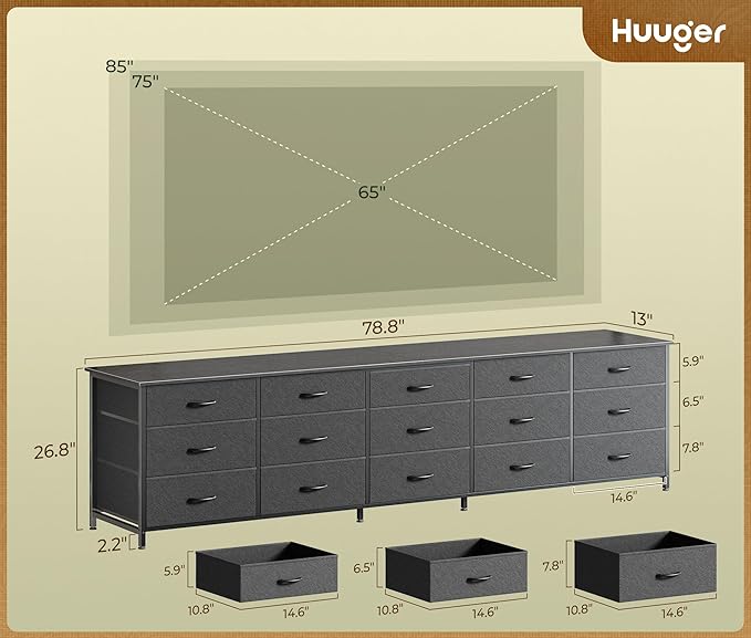 Huuger 78.7 inch Long Dresser for Bedroom, 15 Drawer Fabric Dresser for Closet, Large TV Stand for 65, 75, 85 inch TV, Wide Chest of Drawer with Storage, 78.7" W x 12.9" D x 26.7" H, Black