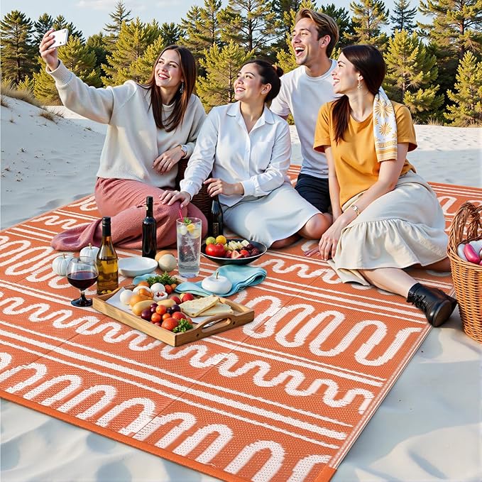 Beeiva Outdoor Rug 8x10, Outdoor Rug Waterproof Reversible, Portable Plastic Outdoor Patio Rug for Deck, Balcony, Backyard, Porch, Camping, Picnic - Orange
