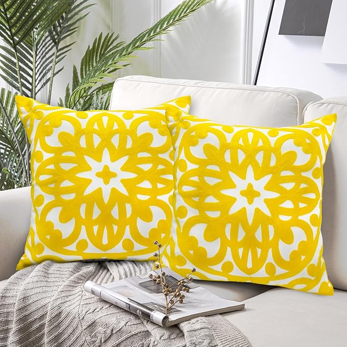 Alysheer Floral Embroidered Fall Decorative Throw Pillow Cover 18"x 18" Set of 2, Boho Mandala Embroidery Yellow Patterned Cushion Case for Sofa Couch Living Room Bedroom Outdoor