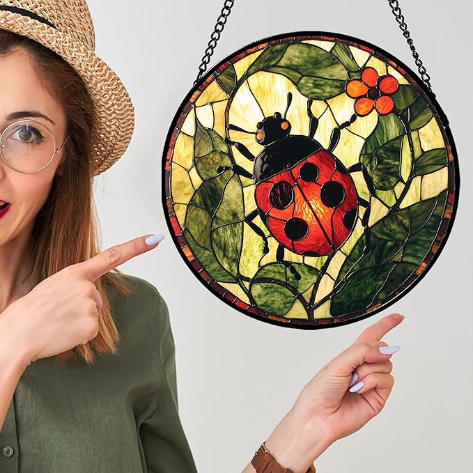 Stained Glass Window Hanging - Red Ladybug Green Plant Flower Sun Catcher for Door Home Decor Insect Suncatcher Christmas Mother's Day Birthday Gifts for Women Men Mom Nana 15 in
