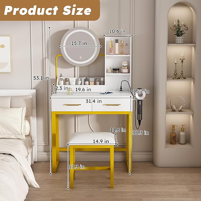 Ball & Cast Vanity Desk with Mirror & Power Outlet,3 Dimmable Colors Light Small Makeup Vanity Table Set with 2 Large Drawers & Chair,Adjustable Brightness Dressing Table for Women Girls Bedroom