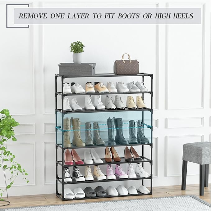 TY ARTS & CULTURE 2 Pack 8-Tiers Shoe Rack Organizer, Sturdy Metal Pipes & Durable Non-Woven Fabric, Space Saving Tall Shoe Shelf Hold 64-80 Pairs, Shoe Rack for Entryway (Black)