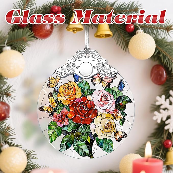 Butterfly & Rose Christmas Decorations - Christmas Ornaments for Tree | Stained Glass Ornament | Holiday Ornament – Flower Lover Gifts | Gift Ideas | Xmas Gift