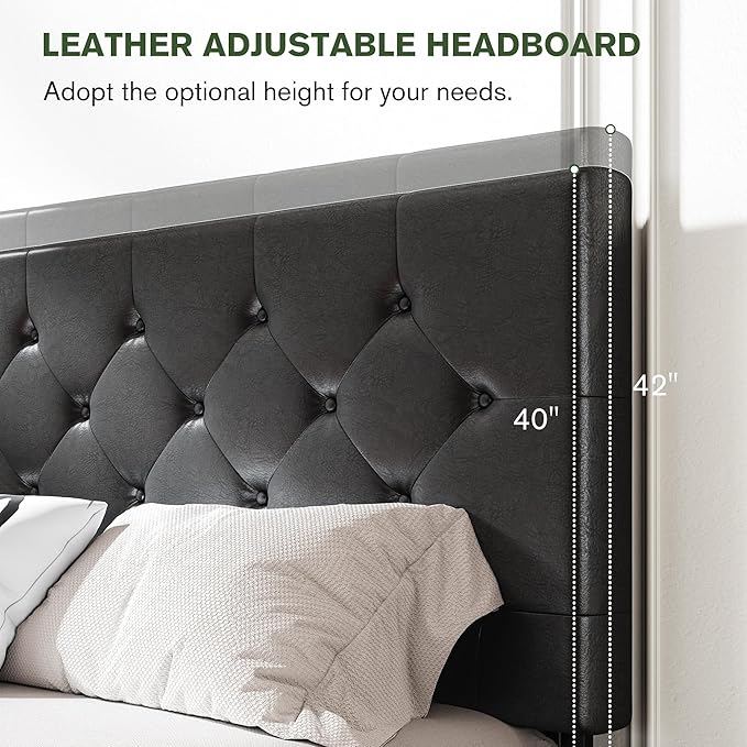 MUTICOR King Size Bed Frame with 4 Storage Drawers, Upholstered Platform Bed with Button Tufted Adjustable Headboard, No Box Spring Needed, Easy Assembly, Diamond Tufted, Black Leather
