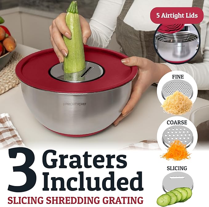 Priority Chef Stainless Steel Mixing Bowls with Lids Set, 3 Grater Attachments, Airtight Lids, Non-Slip Silicone Base Mixing Bowl Set, Large Prep Metal Mixing Bowls for Kitchen, Green