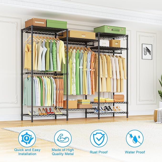 Ulif E13 Heavy Duty Clothes Rack（With 4 Hanger Rods & 8 Shelves） Freestanding Clothing Racks for Hanging Clothes，Adjustable Closet Organizer，Metal Garment Rack 63" W x16 D x77 H，Max Load 900LBS，Black